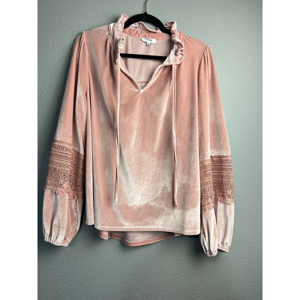 Fate Pink Velvet Lace Sleeve Blouse Ruffle Tie Neck Boho Top Large Retro 70s